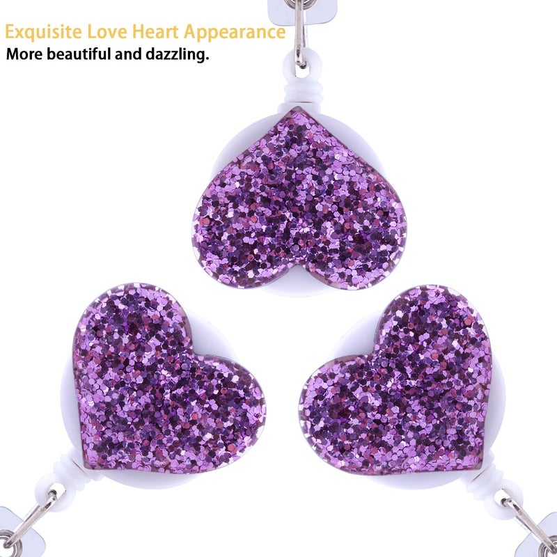 Soleebee 28'' Retractable Badge Reel with Belt Clip, Glitter Love Heart Nurse ID/Name Badge Holder 1 Pack (Purple) - Image 5